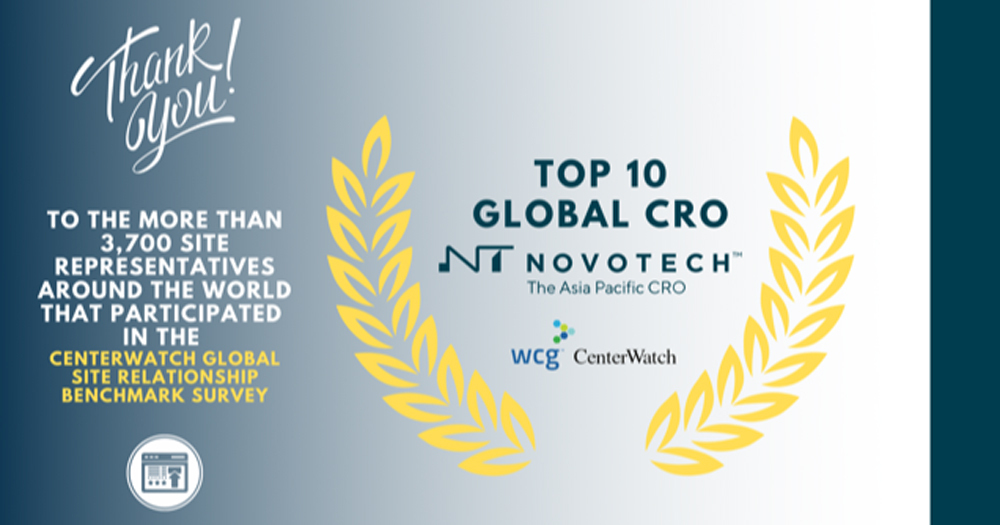 Novotech Recognized as Top 10 CRO in CenterWatch Site Relationship 